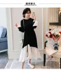 Winter Loose Long Sleeves Maternity Dress Black White Patchwork Pregnant Woman Irregular Cotton Dress Ruffle Pregnancy Dress J220628