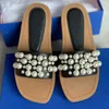 Womens Pearl Slippers Goldie Slide Sandals Real Leather Summer Beach Causal Pearl Flip Flops Slipper Wooden sole Flat Lady Sandal Shoes With