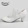 BaoYaFang White Flower Pumps New arrival womens wedding shoes Bride High heels platform shoes for woman ladies party dress shoes 210225