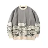 Men's Sweaters Korean Fashion Color Block Cartoon Jacquard Men Harajuku Knitted Sweater Gray Casual Knitwear Women Pullovers Pull HommeMen's