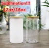 US Voorraad 12oz 16oz Sublimatie Glas Bier Mokken met Bamboe Deksel Stro DIY Frosted Clear Drinken Gebruiksvoorwerp Koffie Wijn Melk Bier Sap Koud Drinkware 2 Dagen Levering