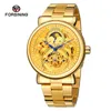 Montres-bracelets Forsining Luxury Design Gold Skeleton Watch Genuine Steel Strip Mens Mechanical Clock Male