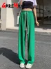 Summer Damskie spodnie zielone klasyczne rozmiary luźne koronkowe jedwabne spodnie z lodowatymi spodniami o długim wysokim talii szerokopasmowe spodnie dla kobiet 220704