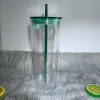 24oz de copos de plástico transparente Tumblers de tampa plana Garrafas de água acrílica com palha de caneca de café portátil de parede dupla caneca reutilizável PS sólido