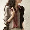 Moda patchwork listrado chiffon mulheres camisa primavera escritório senhora senhora lapela longa manga longa blusa feminino 220407