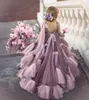 Mignon Puffy Petites Filles Pageant Robes Dusty Violet Et Rose Points Tulle Fête De Mariage Robe De Fille De Fleur Appliques Perles Longue Brithday Prom Robes De Soirée Communion