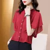 Women's Blouses & Shirts Women Button Up Chiffon Blouse Summer Red Bue Short Sleeve Oversized Woman Tops Fashion Tight Waist Blusas Mujer