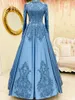 Blue Muslim Evening Dresses High Neck long sleeves Applique Lace Satin prom gowns Elegant Women Formal Dress Robe De Marriage