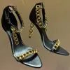 Mode-Sandalette mit Absatz, modische goldene Kette, Damenschuhe, Luxus-Designer-Stiletto-Absätze aus echtem Leder, 10,5 cm, Sandalen mit Metallabsatz f