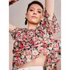 Damenblusen Hemden Flowy Fluid Cut Bluse Frauen Kurzarm O-Ausschnitt Seide Elegant Chic Sommer Blumendruck Vintage Tunika Tops 2022