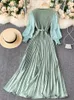 Women Elegant Maxi Dress Spring Summer Patchwork Puff Long Sleeve Pleated Muslim Long Dresses Ladies Party Dress 220316