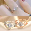 Coreano doce moda trevo desenhista banda anéis para mulheres cz zircon brilhando cristal aberto prata rosa anel de ouro festa jóias presente