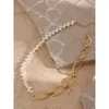 Kedjor YHPUP Rostfritt stål smycken Elegant naturlig pärlkedja halsband Temperament Metal Gold Choker Bijoux Femmechains