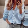 Kvinnors blusar skjortor chic elegant topp enkla elastiska manschetter blus skjorta ruffle kant tryck söt