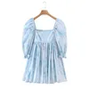 Bright Like Silk BLUE Floral Print Ball Gown Dress Puff Sleeve Retro Women Ruched Pleated Waist Mini Party Dresses Fairy 220511