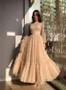 Party Dresses Sparkly Long Sleeves Champagne A Line Tulle Prom Sheer Scoop Neck Ankle Length Formal Evening Gowns 2022 Modest290A