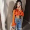 Oranje Blouses Lange Mouwen Met Veer Y2k Kleding Chic Lady T-shirt Taille Banden Top Vrouwen Tops Sexy Mouw T-shirts Party 220728