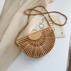 Cross Body Fashion Half Moon Wooden Shoulder Crossbody Bags For Women Bamboo Woven Summer Beach Straw Bag Rattan Small Phone Purse Mini Sac