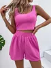 Women's Tracksuits Rib-knit Crop Tank Top & Shorts Pink Casual Plain Camisole &Track Two Pieces Set Scoop Neck High StretchWomen's