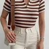 Women's Blue Stripe Polo Neck Short Sleeve Tops Spring Fashion Office Ladies Tight Casual Low V Top Tshirt W220422