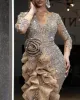 Plus size gouden pailletten zeemeermin prom jurken elegante lange mouwen avondjurken 2021 off schouder vrouwen hoge split formele jurk