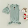 夏の赤ちゃん寝袋キャップセット新生児のノースリーブリブ付きの結び目のあるスワッドルラップガウン帽子2pcs衣装セットM4083