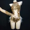 Stage Wear Sparkly Silver Crystals Mesh Bodysuit Women Feather Leotard Outfit Female Bar Dance Party Costume Celebrate DressStage