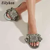 Nxy Sandals Green Blue Open Toe Women Slippers Fashion Heel Cyner Crystal Slides Shoes Summer Outdoor Facit