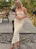 Sexy Criss-Cruz Ruched Knit Slit Longo Wrap Dress Mulheres Streetwear Branco Off Off Strapless Party Bodycon Maxi Vestidos Y220401