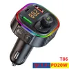 T86 Bluetooth -autokit FM Zender MP3 -speler Type C PD 20W USB QC3.0 Snelle oplaadwagen Kader Handsfree