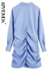 Women Fashion Draped Mini Shirt Dress Vintage Long Sleeve Front Buttons Female Dresses Vestidos Mujer 220526