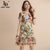 LD Linda Della Fashion Runway Summer Dress Women's Flare Sleeve Floral Brodery Elegant Mesh Hollow Out Midi Dresses 220510