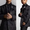 Schwarze Jungenanzüge für Hochzeit, Kinder, formelle Kleidung, Satinkragen, Slim-Fit, Dobby-Junior-Kleinkind, Ringträger-Smoking, 2-teilige Jacke, Hose 1163944