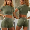 1/2 / 3PCS Côtelé Lavé Sans Couture Yoga Ensemble Crop Top Femmes Chemise Leggings Outfit Workout Fitness Wear Gym Suit Sport Ensembles Vêtements 220330