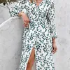 Elegantes Kleid mit grünem Blattmuster, sexy Frühling, langärmeliges V-Ausschnitt-Frauenkleid, Büro-Wrap-Spitze-up-A-Linie, Vestidos 220423