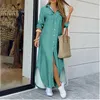 Lady maxi långa klänningar mode pendling skjorta dresses ny sommar hösten ren fast färg casual elegant kläder för kvinnor snygg kontorsklänning