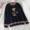 Suéter Feminino Japonês Estilo Universitário Bordado Suéter Urso Suéter Feminino Casal Preguiçoso Casaco Listrado de Malha Colete Contraste Malha TopFeminino