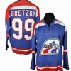 Chen37 C26 Nik1 3740Custom # 99 Maillot Wayne Gretzky WHA Indianapolis Racers Bleu marine Blanc 1978-79 Vintage 100% Cousu n'importe quel nom de numéro Maillot de hockey rétro