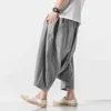 Katoen linnen wijd been zomer mannen casual kalf lengte mannelijke baan vaste big pocket baggy broek broek broek l220706