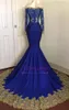 Lujo Off Shoulder Royal Blue Prom Dresses Sexy Mangas largas Lace Apliqueado Sirena Vestido de noche Largo Formal Fiesta Dama de honor Vestido BA8283