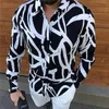Punk Style Men's Silk Satin Black White stripe printing Shirts Male Slim Fit Long Sleeve Flower Casual Party Shirt Tops 220322