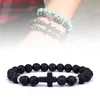 Mode Jesus Cross Charm Strands Armband Män Nature Lava Stone 8mm White Pärlor Armband Bön Reiki Bangles For Women Yoga Jewelry