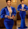 Style arabe sirène robes de bal 2022 Royal Blue Velvet Pluls taille manches longues balayage train robes de soirée sur mesure