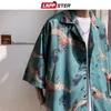 LAPPSTER Mens Crane Print Shirts Harajuku Sommer Vintage Button Up Kurzarm Männliche Koreanische Mode Glatte Blusen 220324