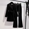 Primavera calças de manga comprida lapela lazer terno elegante botão cinto decorativo feminino casaco calças conjunto de duas peças 220812