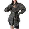 Fashion loose Plaid Shirt women's blouses Spring autumn mid length blouse with belt vintage causal lace button tops 210702