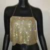 Women Sexy Crop Top Backless Bling Metallic Sequin Shiny Gold Tank Top Vest Rhinestone Night Club Party Chain Camisole