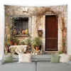 Retro Taş Duvar Çiçek Halı Vintage Sokak Tesisi Rustik Ahşap Kapı Pencere Asma Bezi Baskı Oturma Odası Yatak Odası Dekor J220804