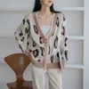 Gigogou Autumn Overized Women Cardigan tröjor Tracksuits Leopard Sticked Jumper Suits + Harem Pants 2/Two Pieces Winter Set W220331
