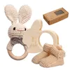 3pcs/set Rattle Rabbit Hand Crochet Shoes 0-12 Months Born Wooden Animal Teether Toys for Baby Birth Gift Set 220714